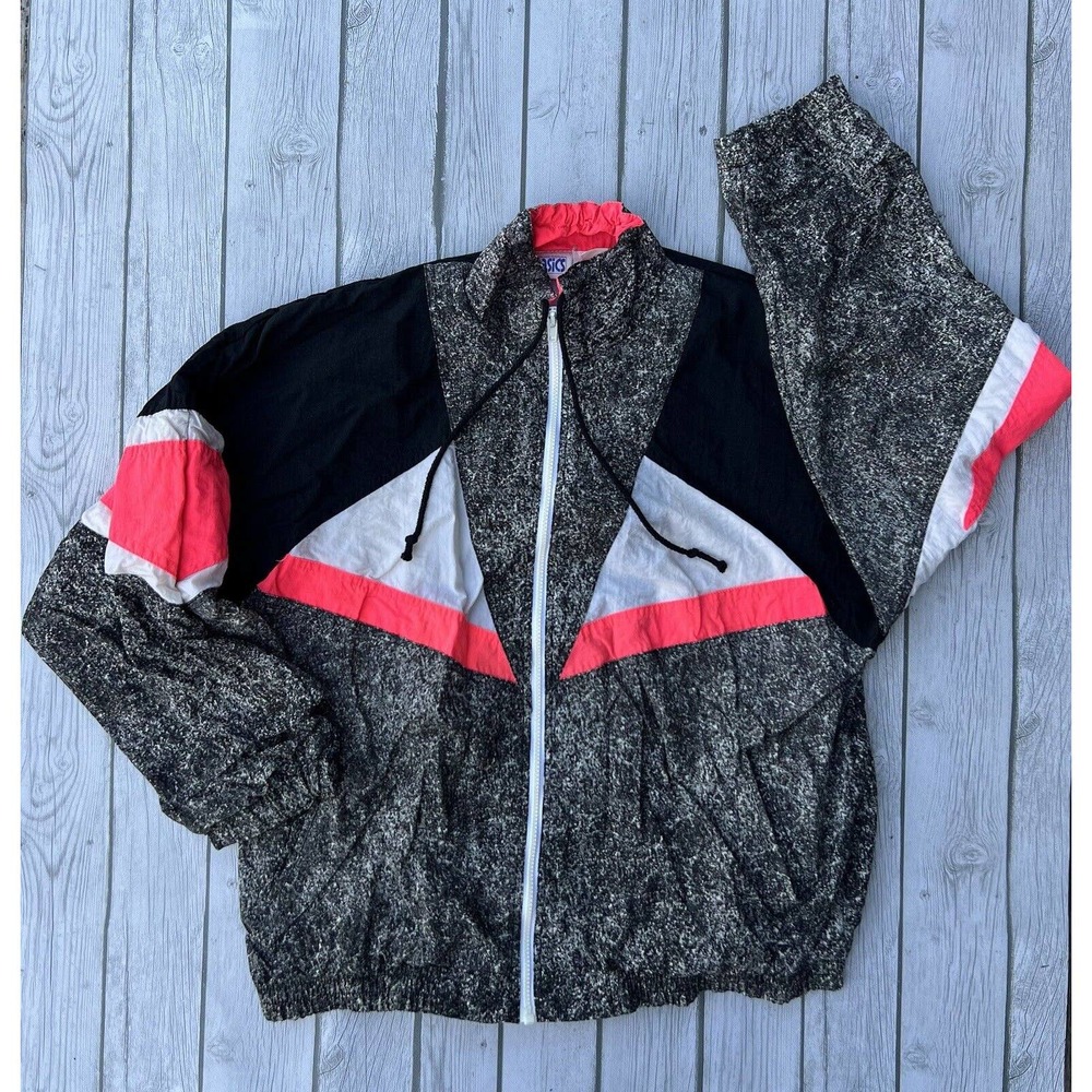 Vintage 90s Asics Running Design Print L/XL Zip Up Nylon Jacket Jogger